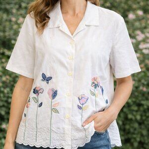 Vintage Koret City Blues White Embroidered Floral Button Down Blouse Cottagecore